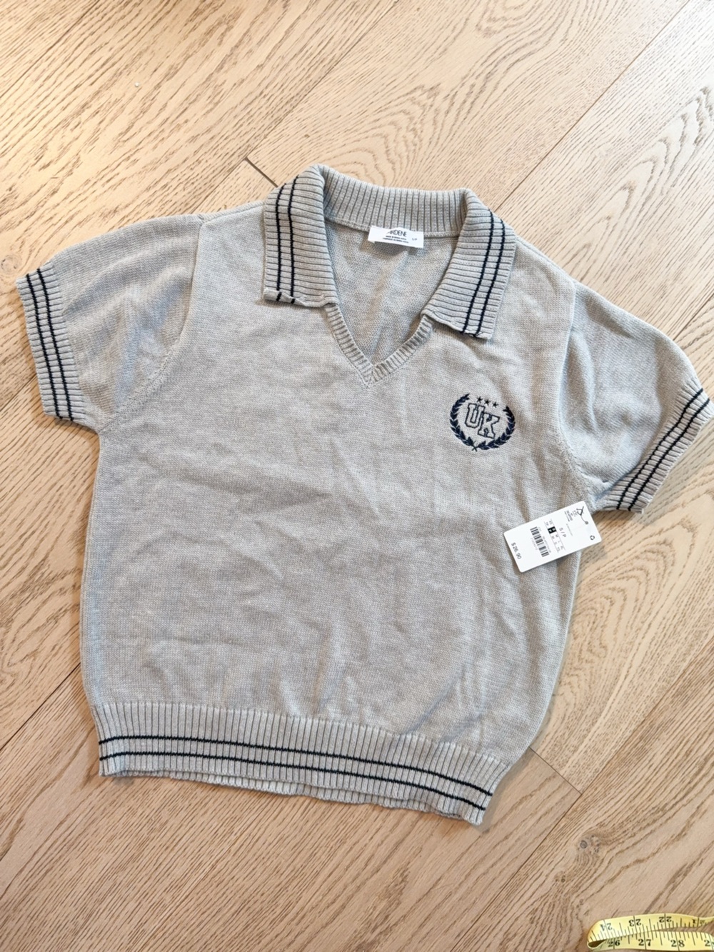 21224210 Ardene Gray Polo Sweater Top with Navy Trim S